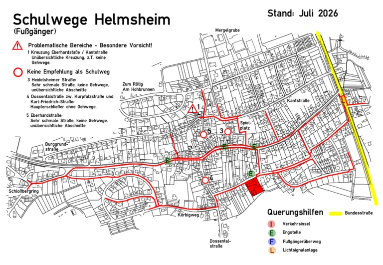 Schulwegeplan für Helmsheim mit empfohlenen Schulwegen, Querungshilfen und Gefahrenstellen (Stand Juli 2026).
